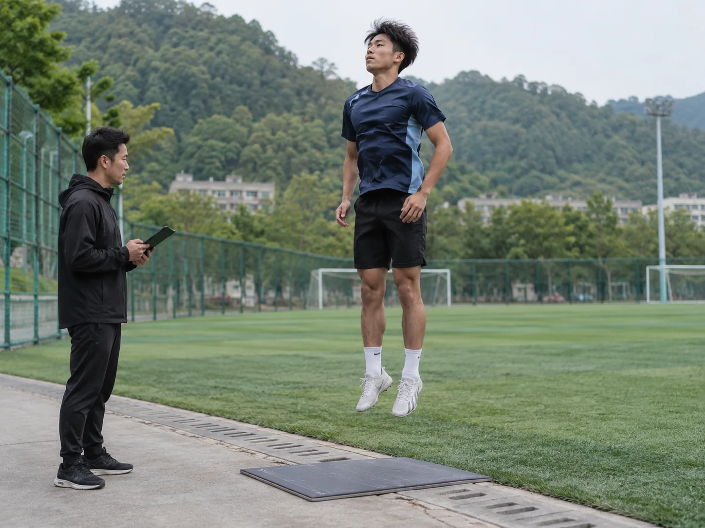 球员在足球场边完成纵跳测试